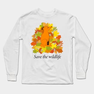 cartoon red fox into autumn foliage Long Sleeve T-Shirt